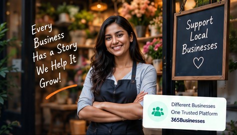 A local business owner standing proudly at her shop — every business has a story, we help it grow